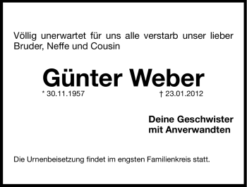 Traueranzeige von Günter Weber von Hersbrucker Zeitung