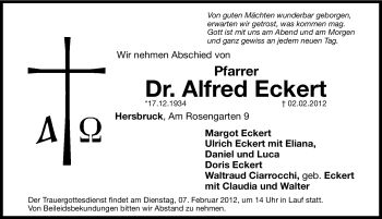 Traueranzeige von Alfred Eckert von Hersbrucker Zeitung