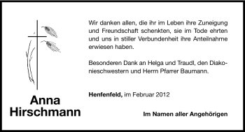 Traueranzeige von Anna Hirschmann von Hersbrucker Zeitung
