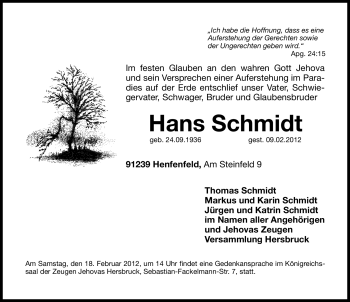 Traueranzeige von Hans Schmidt von Hersbrucker Zeitung