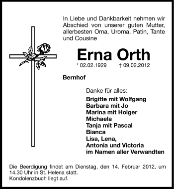 Traueranzeige von Erna Orth von Hersbrucker Zeitung