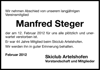 Traueranzeige von Manfred Steger von Hersbrucker Zeitung