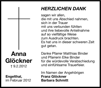 Traueranzeige von Anna Glöckner von Hersbrucker Zeitung