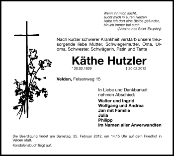 Traueranzeige von Käthe Hutzler von Hersbrucker Zeitung