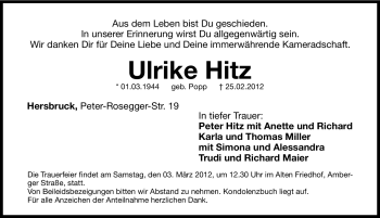 Traueranzeige von Ulrike Hitz von Hersbrucker Zeitung