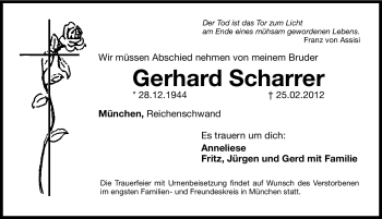 Traueranzeige von Gerhard Scharrer von Hersbrucker Zeitung