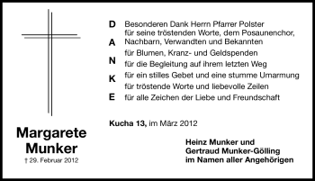 Traueranzeige von Margarete Munker von Hersbrucker Zeitung