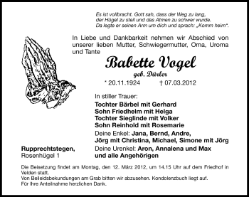 Traueranzeige von Babette Vogel von Hersbrucker Zeitung