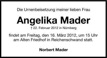 Traueranzeige von Angelika Mader von Hersbrucker Zeitung