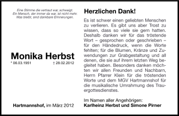 Traueranzeige von Monika Herbst von Hersbrucker Zeitung