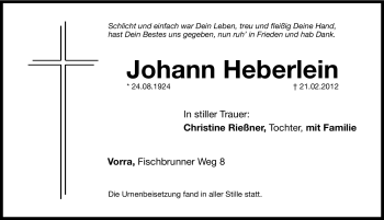 Traueranzeige von Johann Heberlein von Hersbrucker Zeitung