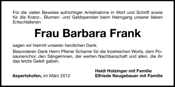 Traueranzeige von Barbara Frank von Hersbrucker Zeitung