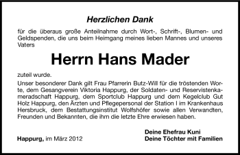 Traueranzeige von Hans Mader von Hersbrucker Zeitung