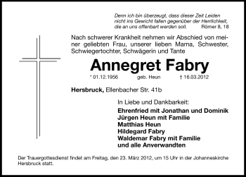 Traueranzeige von Annegret Fabry von Hersbrucker Zeitung