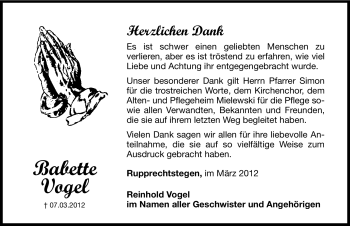 Traueranzeige von Babette Vogel von Hersbrucker Zeitung