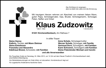 Traueranzeige von Klaus Zudzowitz von Hersbrucker Zeitung