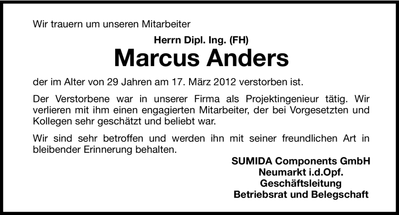  Traueranzeige für Marcus Anders vom 26.03.2012 aus Hersbrucker Zeitung