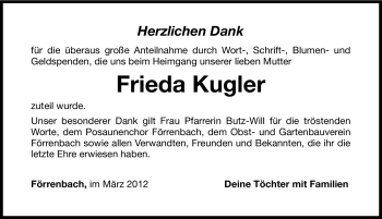 Traueranzeige von Frieda Kugler von Hersbrucker Zeitung