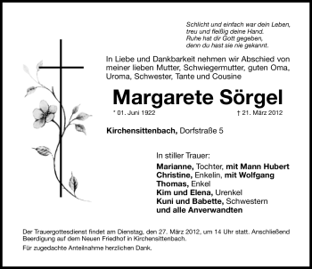 Traueranzeige von Margarete Sörgel von Hersbrucker Zeitung