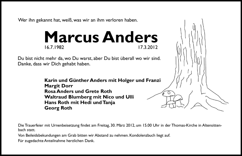  Traueranzeige für Marcus Anders vom 26.03.2012 aus Hersbrucker Zeitung