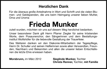 Traueranzeige von Frieda Munker von Hersbrucker Zeitung