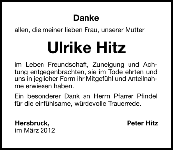 Traueranzeige von Ulrike Hitz von Hersbrucker Zeitung