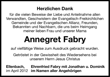 Traueranzeige von Annegret Fabry von Hersbrucker Zeitung