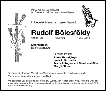 Traueranzeige von Rudolf Bölcsföldy von Hersbrucker Zeitung