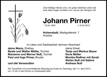 Traueranzeige von Johann Pirner von Hersbrucker Zeitung