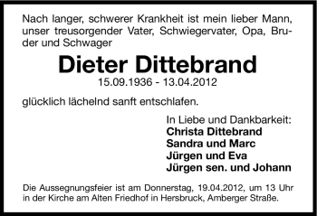 Traueranzeige von Dieter Dittebrand von Hersbrucker Zeitung