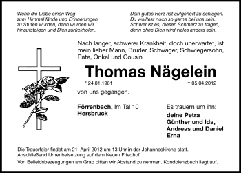 Traueranzeige von Thomas Nägelein von Hersbrucker Zeitung