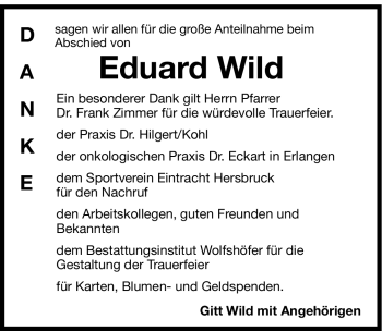 Traueranzeige von Eduard Wild von Hersbrucker Zeitung
