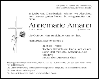 Traueranzeige von Annemarie Amann von Hersbrucker Zeitung