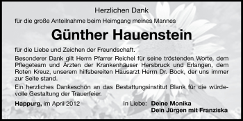 Traueranzeige von Günther Hauenstein von Hersbrucker Zeitung