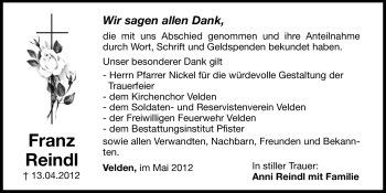 Traueranzeige von Franz Reindl von Hersbrucker Zeitung