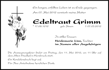 Traueranzeige von Edeltraut Grimm von Hersbrucker Zeitung