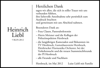 Traueranzeige von Heinrich Liebl von Hersbrucker Zeitung