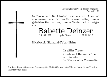 Traueranzeige von Babette Deinzer von Hersbrucker Zeitung