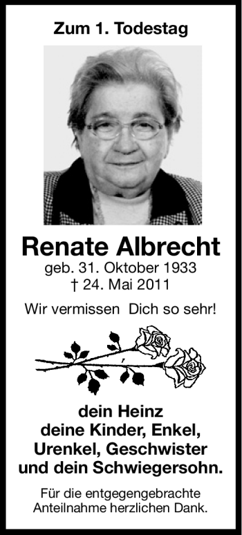 Traueranzeige von Renate Albrecht von Hersbrucker Zeitung