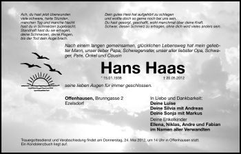 Traueranzeige von Hans Haas von Hersbrucker Zeitung