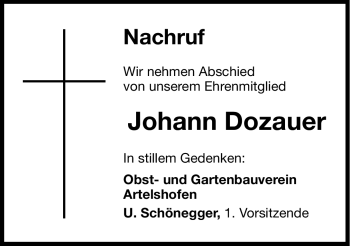 Traueranzeige von Johann Dozauer von Hersbrucker Zeitung