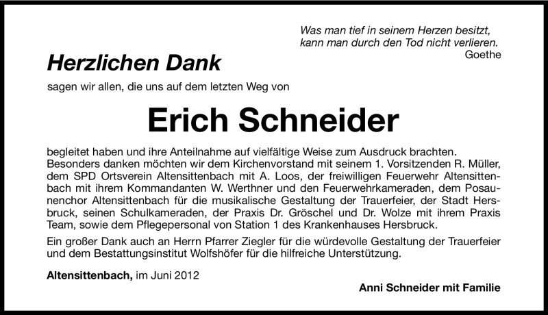  Traueranzeige für Erich Schneider vom 06.06.2012 aus Hersbrucker Zeitung