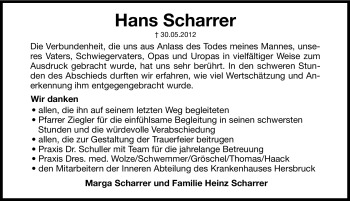 Traueranzeige von Hans Scharrer von Hersbrucker Zeitung