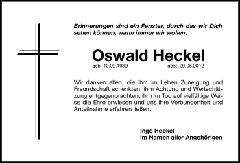 Traueranzeige von Oswald Heckel von Hersbrucker Zeitung