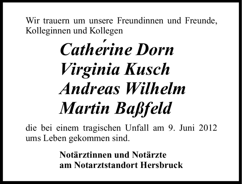 Traueranzeige für Martin,Cathérine,Virginia,Andreas Baßfeld,Dorn,Kusch,Wilhelm vom 14.06.2012 aus Hersbrucker Zeitung