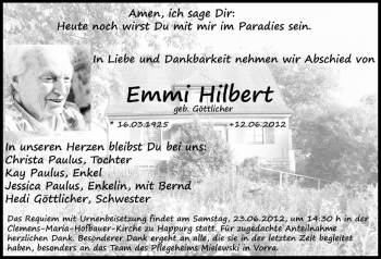 Traueranzeige von Emmi Hilbert von Hersbrucker Zeitung