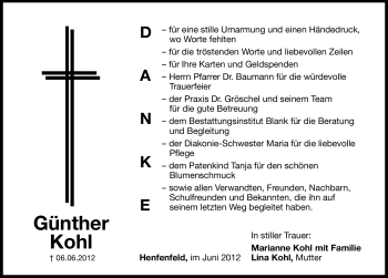 Traueranzeige von Günther Kohl von Hersbrucker Zeitung