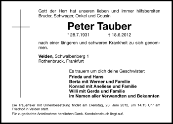 Traueranzeige von Peter Tauber von Hersbrucker Zeitung