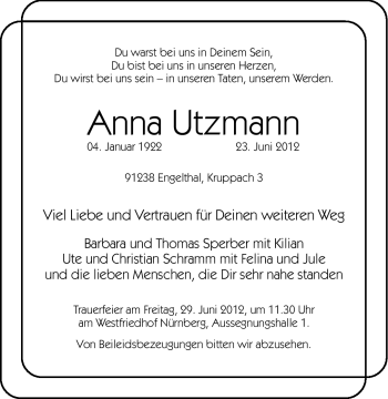 Traueranzeige von Anna Utzmann von Hersbrucker Zeitung