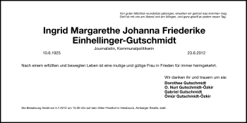 Traueranzeige von Ingrid Margarethe Johanna Friederike Einhellinger-Gutschmidt von Hersbrucker Zeitung